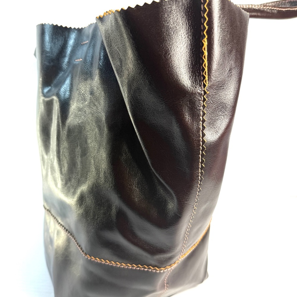 TAMBU Brown Leather Handmade Floppy Market Tote Bag Purse - Picture 7 of 14